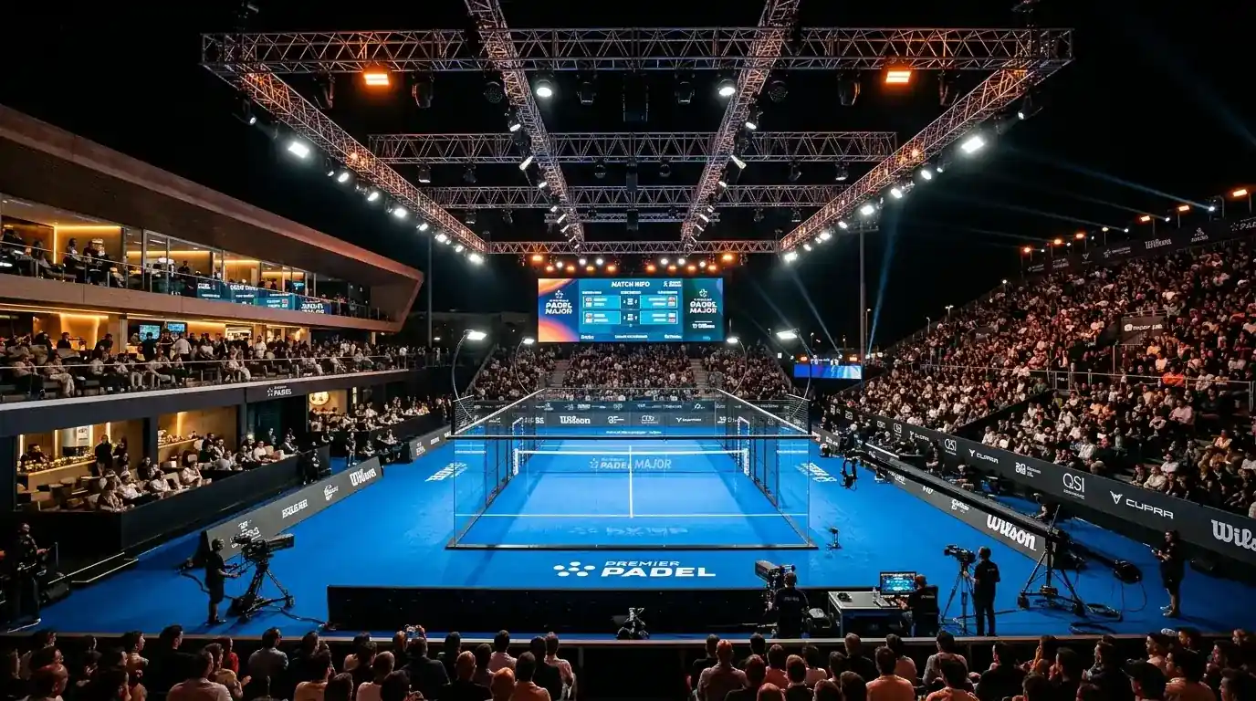 Pista central de Premier Padel con iluminación profesional y público durante un Major