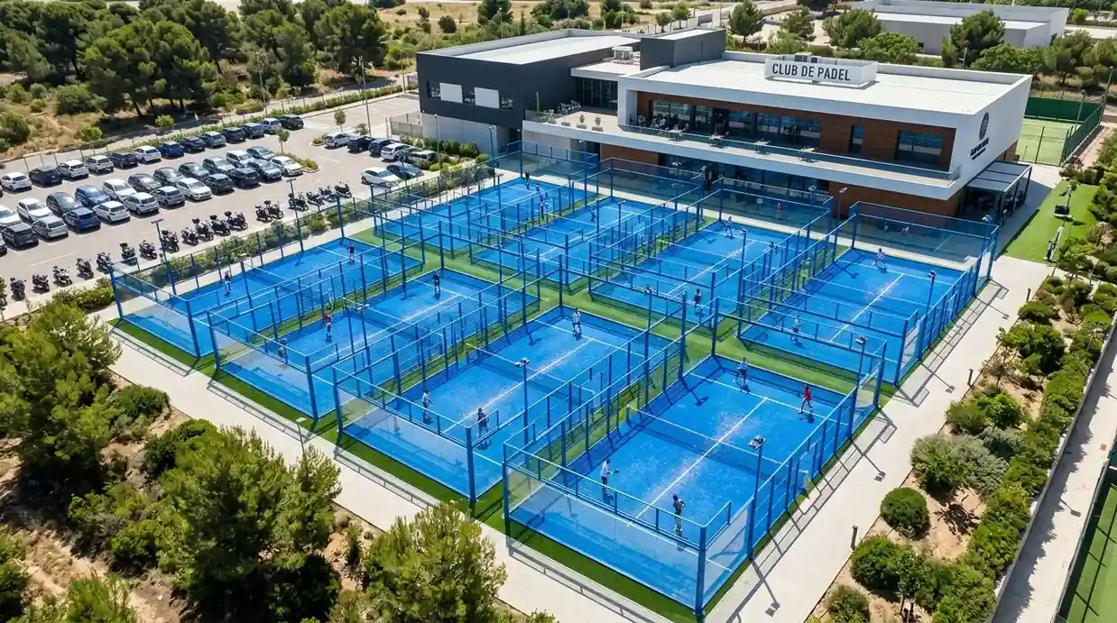 Estadio de pádel profesional con gradas llenas durante un torneo Premier Padel