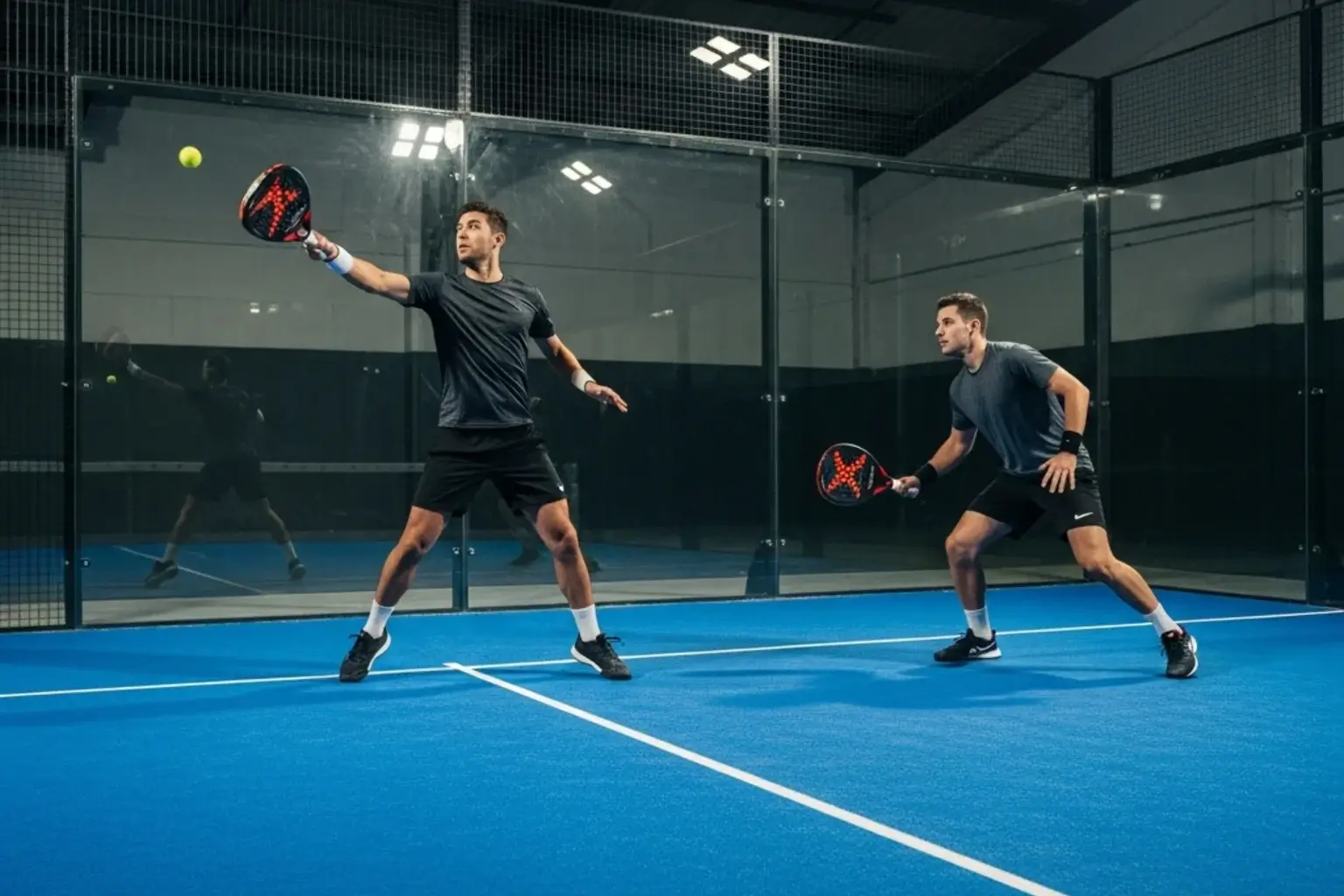 Jugadores de pádel profesional en acción durante un punto decisivo en pista indoor