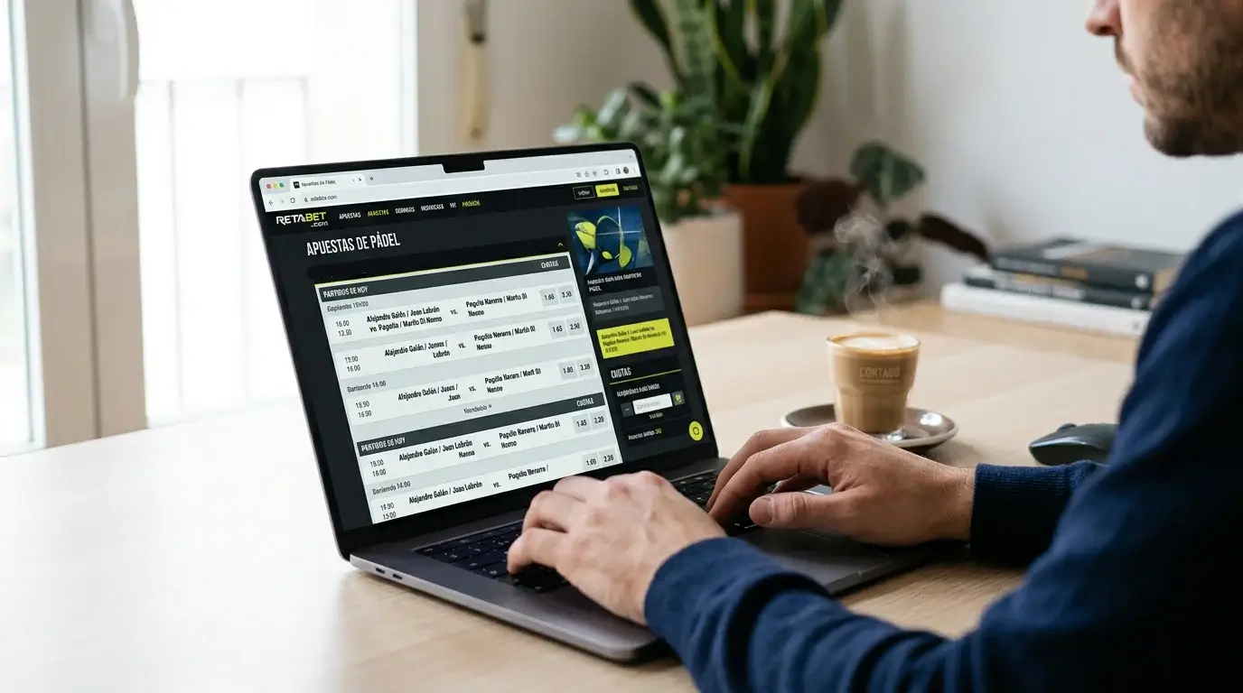 Pantalla de ordenador mostrando mercados de apuestas de pádel con cuotas y eventos
