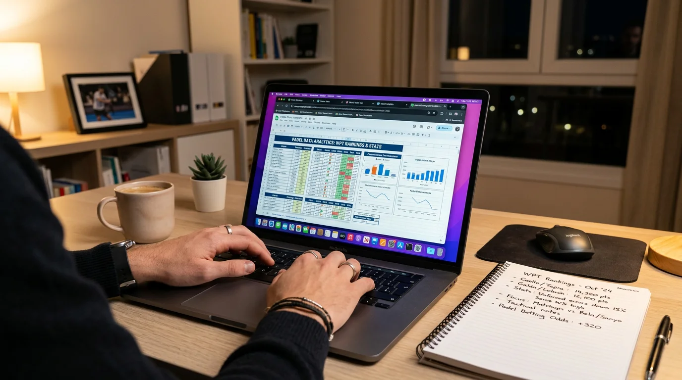 Analista revisando estadísticas de pádel para elaborar pronósticos